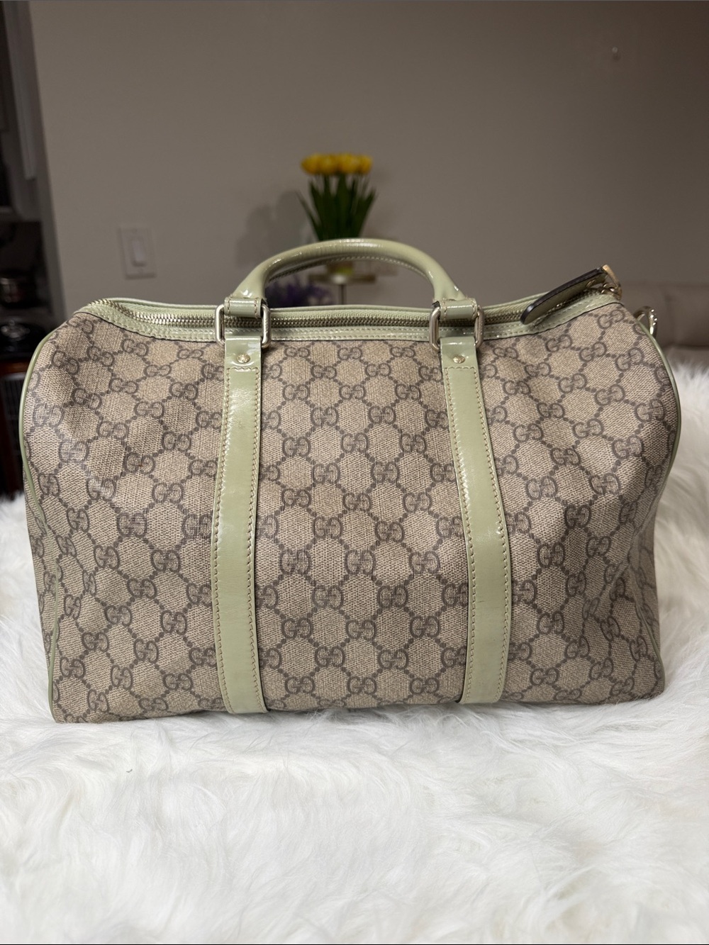 💯Authentic Gucci Vintage GG Monogram Boston Bag Sage Green Patent Leather🍀 - Picture 16 of 17